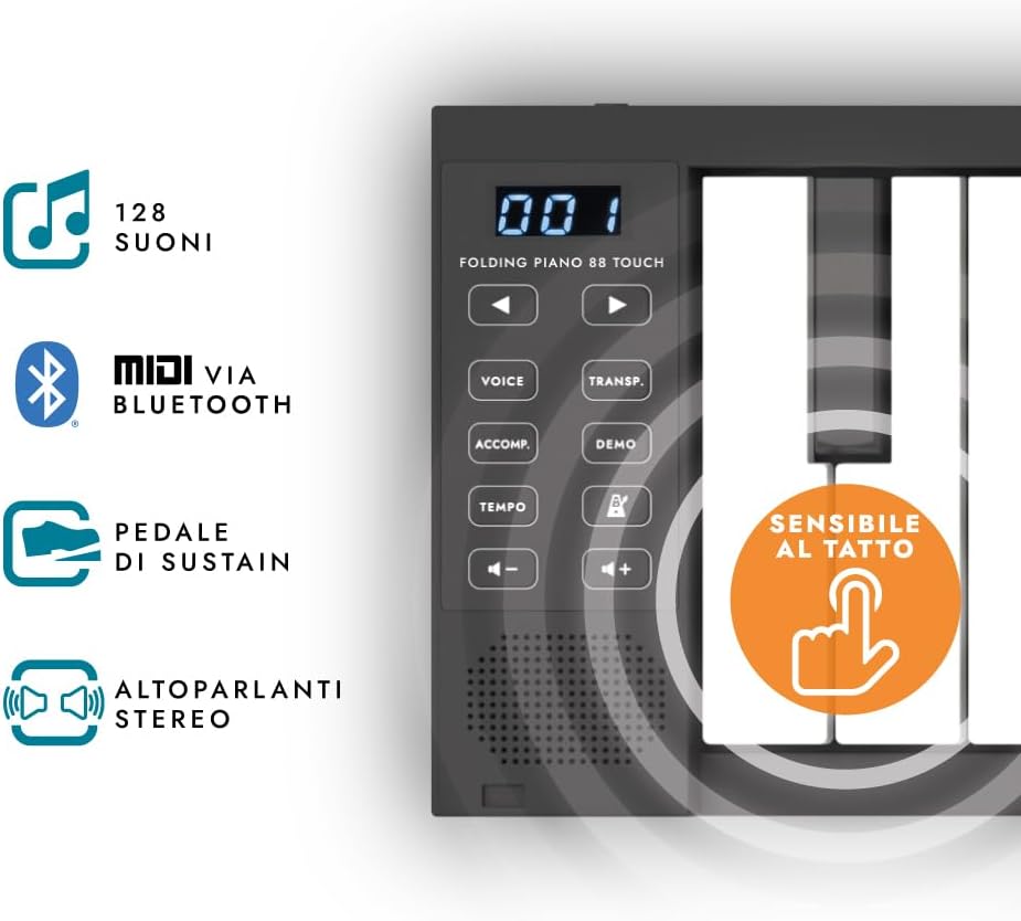 Take it anywhere with this 88-key portable folding digital piano, powered by a USB MIDI controller and comes with a rechargeable battery