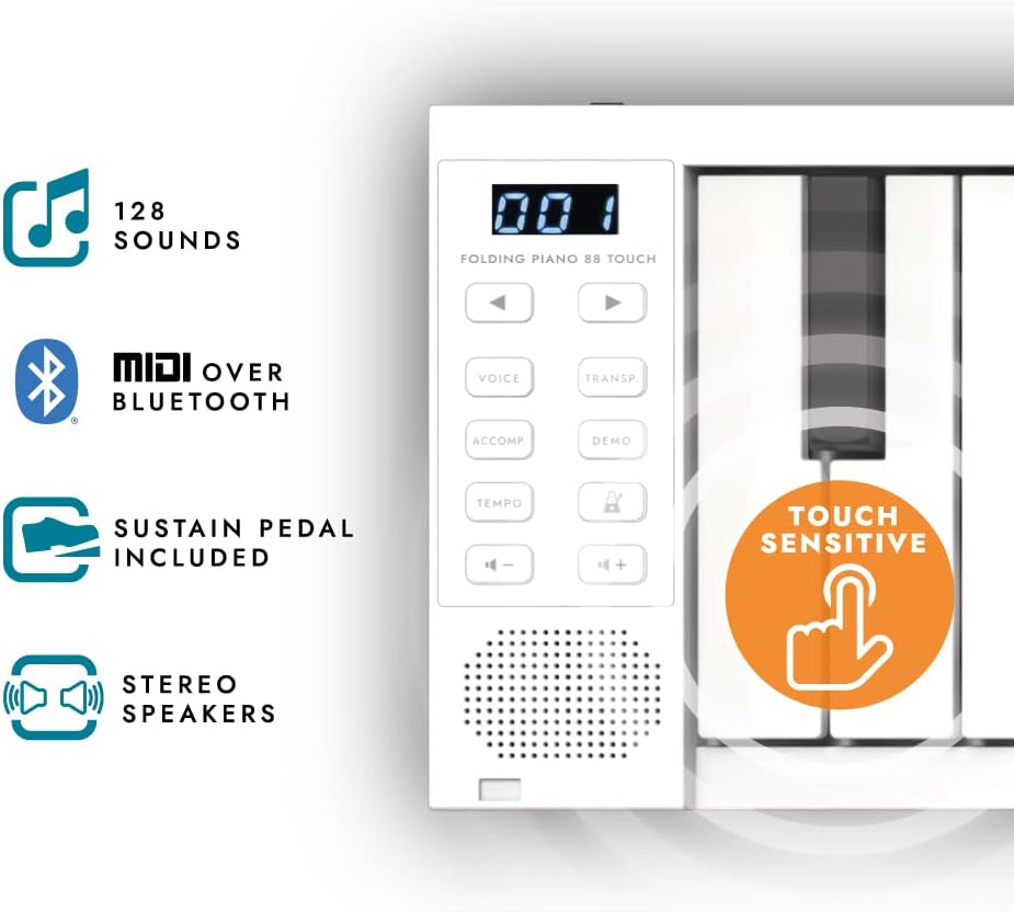 Take it anywhere with this 88-key portable folding digital piano, powered by a USB MIDI controller and comes with a rechargeable battery