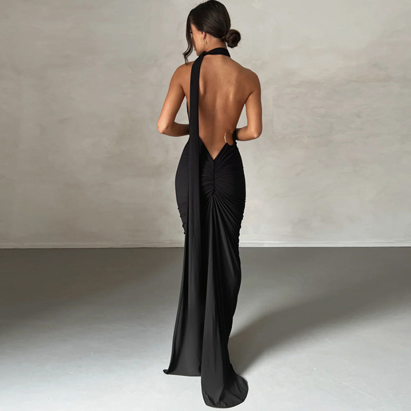 Elegant Halter Backless Ruched Dress