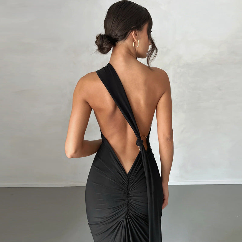 Elegant Halter Backless Ruched Dress