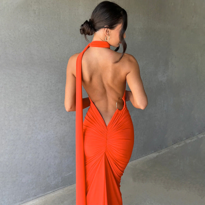 Elegant Halter Backless Ruched Dress