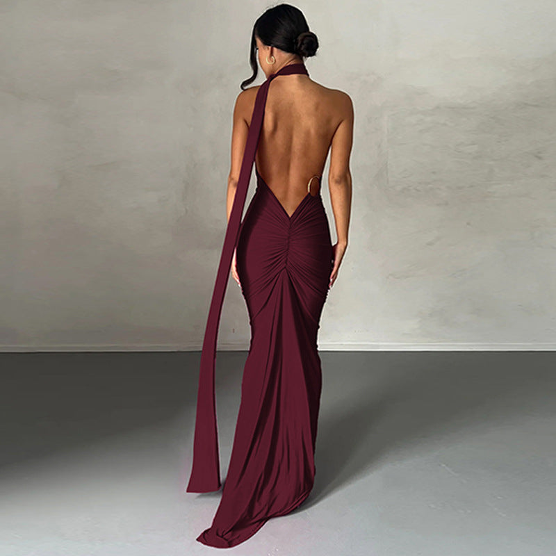 Elegant Halter Backless Ruched Dress